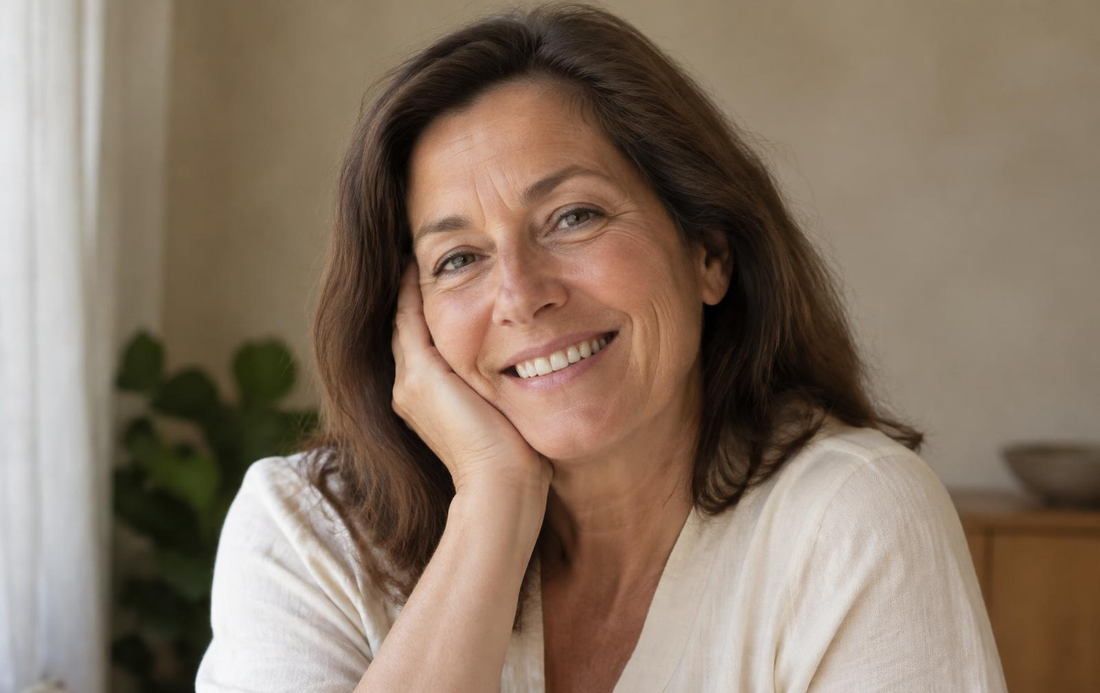 Portrait d’une femme souriante, la main posée sur la joue.